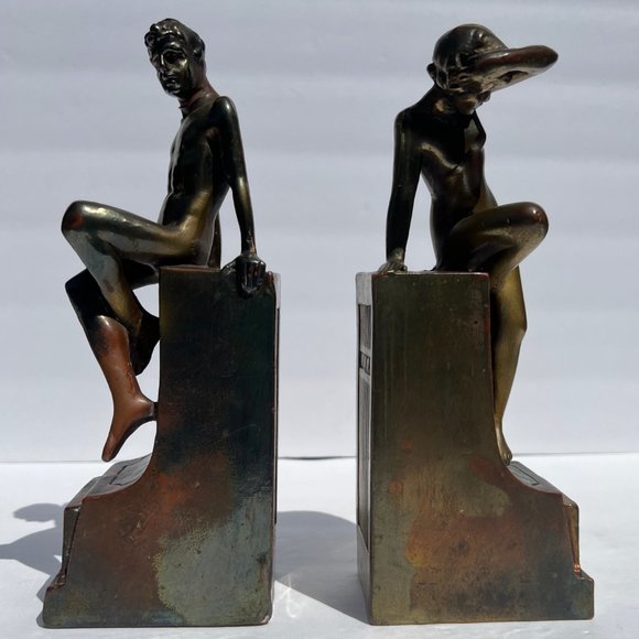 Bronze Bookends Nude Man Woman Art Nouveau Sculpture Circa 1916 “Classic Art” - Picture 8 of 16